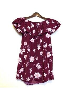 Bershka Mini Dress Women Medium Burgundy Floral Ruffle Off The Shoulder Boho